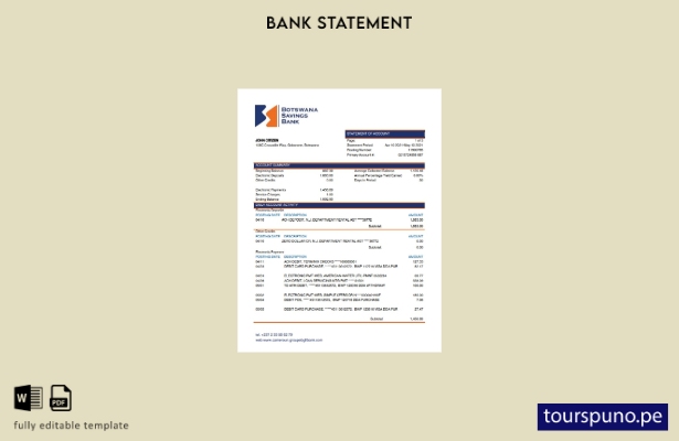 listo para imprimir plantilla de extracto bancario de ahorros de Botswana